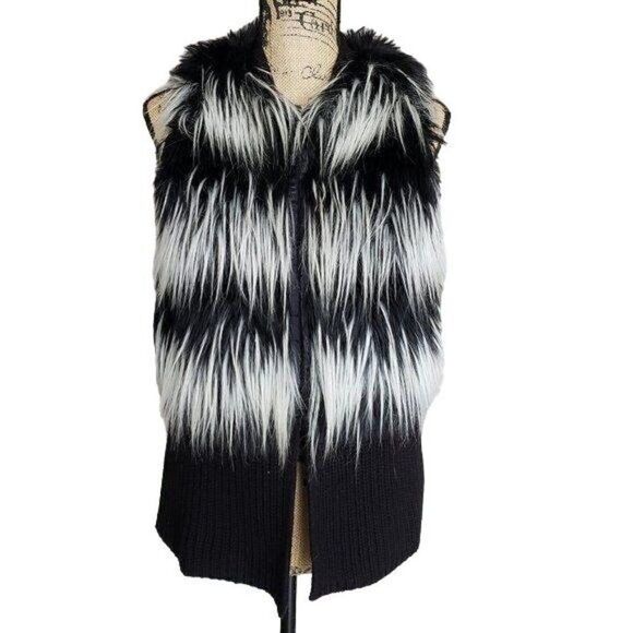 Women's Faux Fur Vest Black and White Sweater Cardigan Vince Camuto Small NWOT - Picture 3 of 9